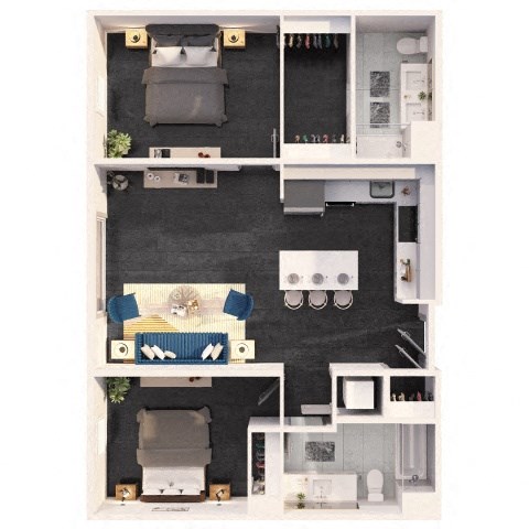 Floor plan for 2 beds, 2 baths, 992 sqft